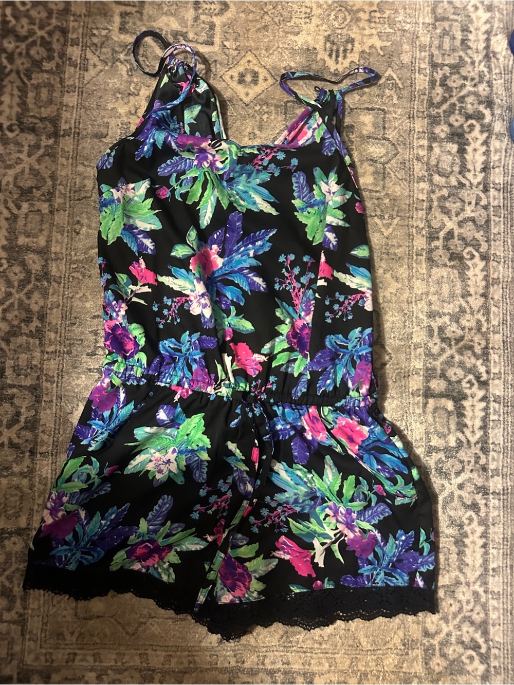 Black Floral Romper with Bright Multicolor Print